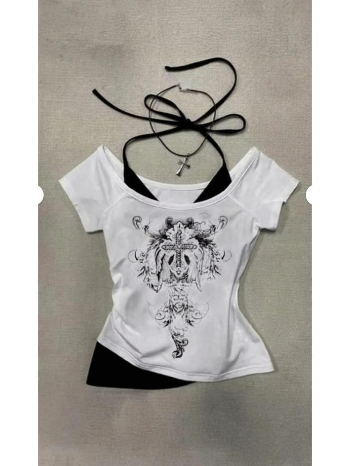 Субкультура Миллениум Дерзкая Девушка Пэчворк Неправильный Панк Футболка с Универсальными Чехлами на Рукава - Женский Топ с Короткой Рукавой Extra Large