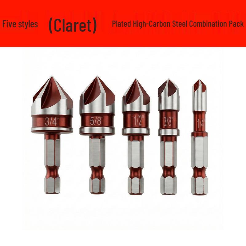 Wine Red 6pc 5-Flute Chamfering Tool & 3pc Woodworking Hole Opener Set
