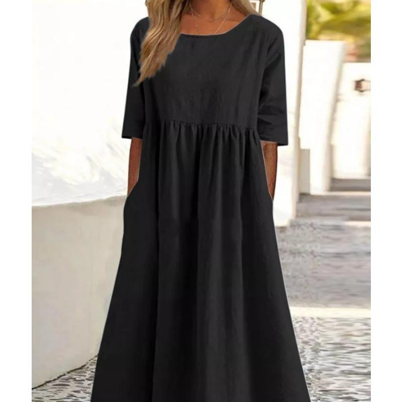 Summer Casual Short Sleeve Women Pocket Long Dress Fashion Elegant Plus Size Pleated Loose Crew Neck A-line Party Dresses Office Women Clothing