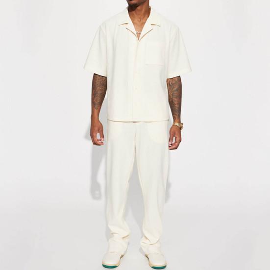 

2Pcs/Set Men Outfit Lapel Short Sleeve Single Breasted Shirt Elastic Waist Long Pants Set Solid Color Loose Fit Casual Outfit 2XL білий