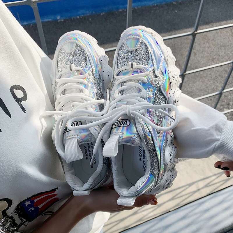 Shoes Sneakers Women Spring New 2025 Fashion Sequined Cloth Bling Breathable Round Toe Leisure Chunky Women Shoes Tenis Feminino
