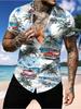 Men's Casual Short - Sleeve Shirt with Coconut Tree & Car Prints, Made of Polyester Fiber, Mixed Color, Multiple Specifications Available, Suitable