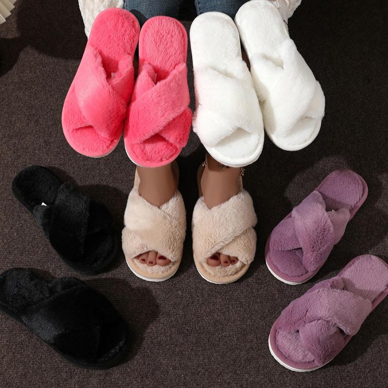 Fashion Women Fluffy Slippers Cross Band Soft Plush Cozy House Shoes Furry Open Toe Indoor Outdoor Slip Warm Anti Skid Sole