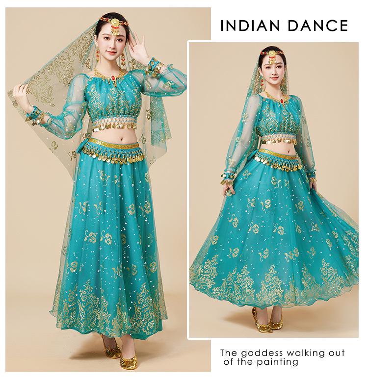 Fantasia de Apresentação de Dança do Ventre Indiana Huayu - Conjunto de Vestido de Manga Comprida de Chiffon para Mulheres