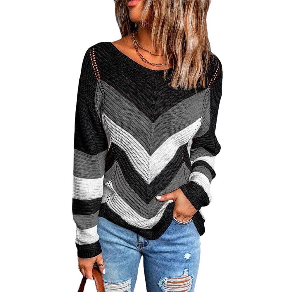 Women Jumper Loose Colorblock Sweater Long Sleeve Scoop Neck Cut Out Dropped Shoulder Casual Ribbed Knit Pullover