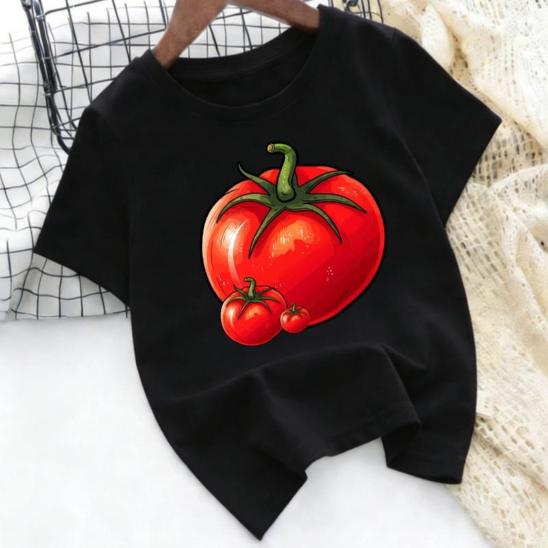 Cartoon Tomato Print T-Shirt, Unisex Short Sleeve Summer Cute Vegetable Fruit Pattern Round Neck Top