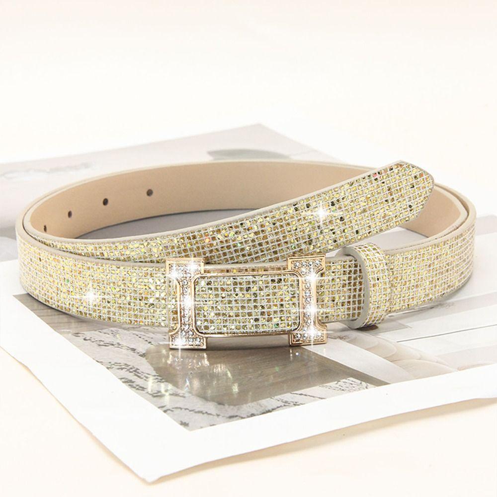 Glitter PU Leather Belt Bling Bling Slide Buckle Belt Vintage Trendy Waistband  Women