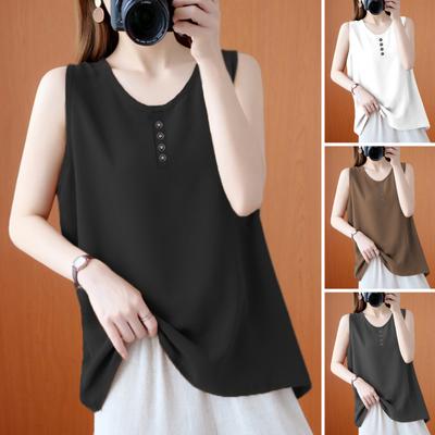 Women Vest O-Neck Sleeveless Solid Color Tank Tops Loose Fit Breathable Casual