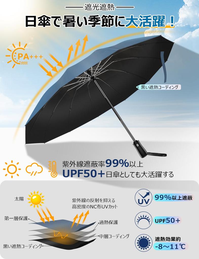 Reinforced Folding Umbrella with Automatic Reverse Sun Heat UV Rain or Perfect for Rainy Typhoon Heavy Rain Storage Pouch and Extra-Large, 12-Rib