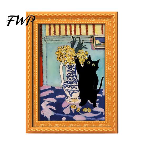 Vintage Frame Refrigerator Decor Oil Painting Cat Magnet, Wooden Black Metal Doors Decorative Magnets Theme Retro Rectangle Magnetic Decoration Photo