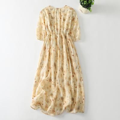 Printed Cotton and Linen Dress Women's 2025 Summer New Temperament Loose Lace-up Waist V-neck Short-sleeved Knee-length Dress