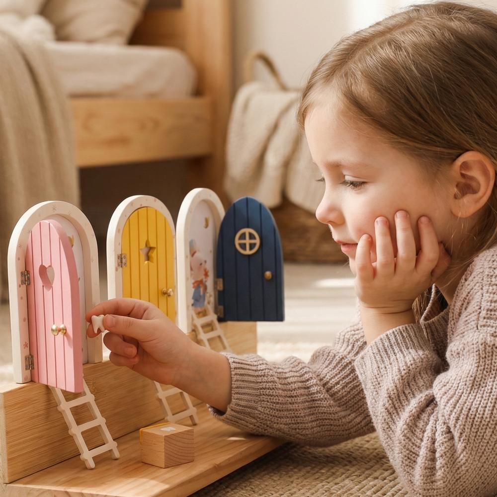 Colorful Mini Tooth Fairy Door Wooden Painted Mouse Magic Gate Dollhouse Garden with Staircase Teeth Box Keepsake Gift for Kids