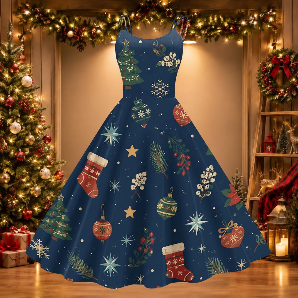 Women's Christmas Print Off-Shoulder Vintage Dress