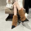Sheep curly splicing pointed short boots autumn and winter new fashion mid-tube boots Internet celebrity fashionable mid-heel trouser boots