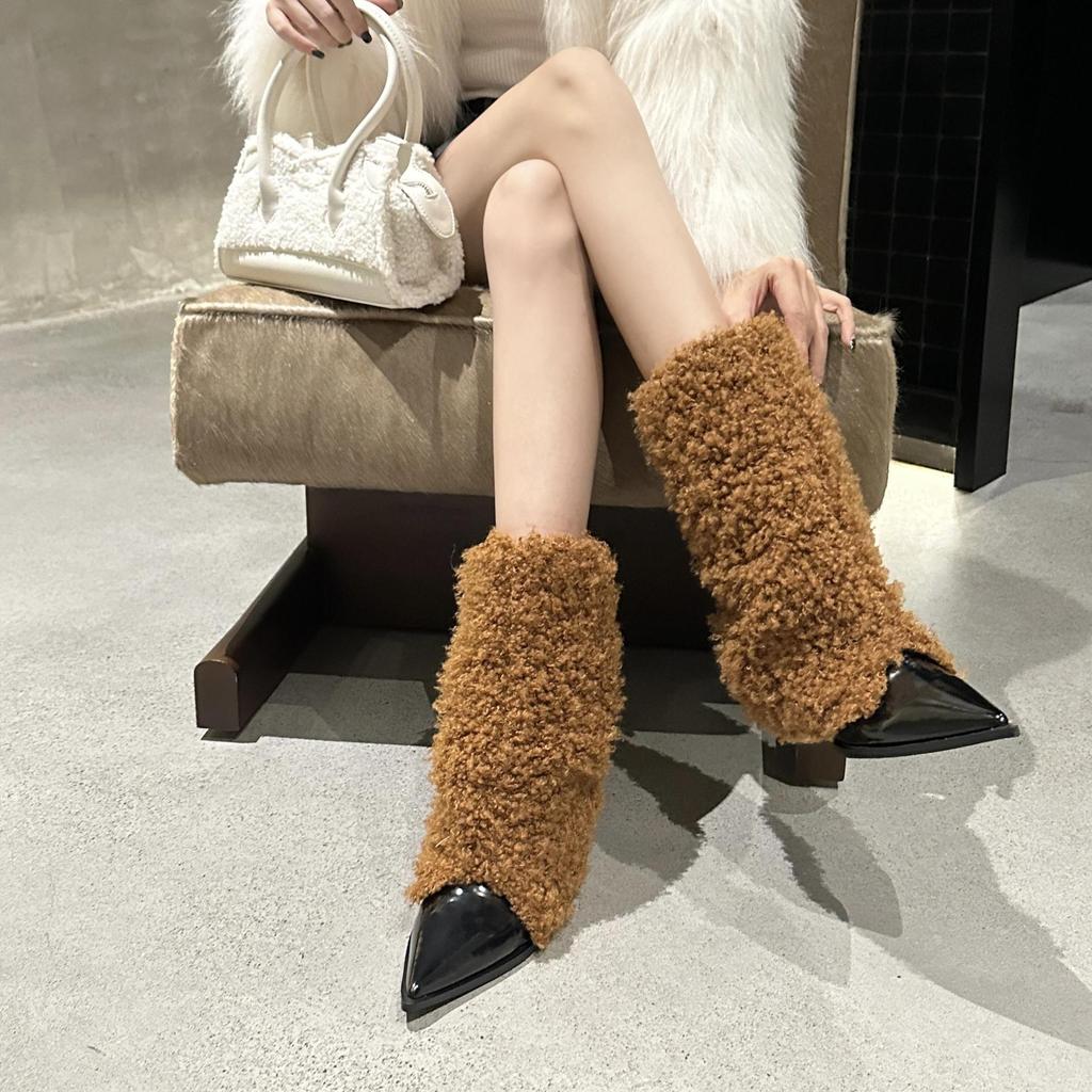 Sheep curly splicing pointed short boots autumn and winter new fashion mid-tube boots Internet celebrity fashionable mid-heel trouser boots