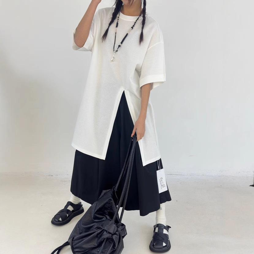 

Makuqie Spring/Summer Korean Loose Plus Size Casual Slit Short Sleeve T-Shirt One Size чорний