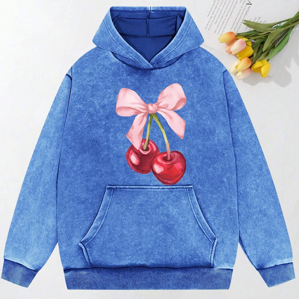 Bow Cherry Art Printed Women Washed Hoodies Cotton Creativity Clothing Hip Hop Fashion Oversized Female Hoody