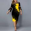 Women Digital Print Mesh Patchwork Bodycon Dress Elegant Fitted Mid-Calf Flare Sleeve Wedding Party Dress