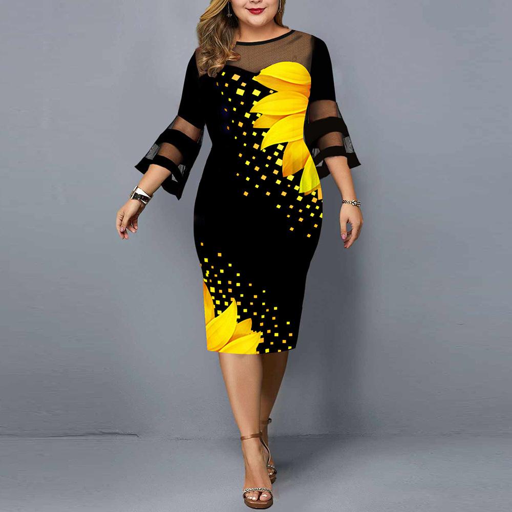 Women Digital Print Mesh Patchwork Bodycon Dress Elegant Fitted Mid-Calf Flare Sleeve Wedding Party Dress