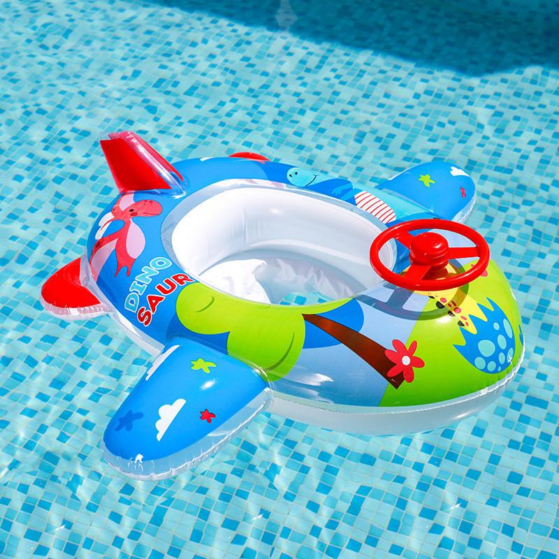 Eco-friendly Pvc Material Cartoon Inflatable Bottom Steering Wheel Boat For Children Swim Seat Ring Infant Toddler Aircraft Boat Float Ring
