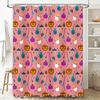 Halloween-Themed Shower Curtain Featuring Pumpkins, Brooms, Spiders, And Witches Hats In Pink Background With Colorful Patterns