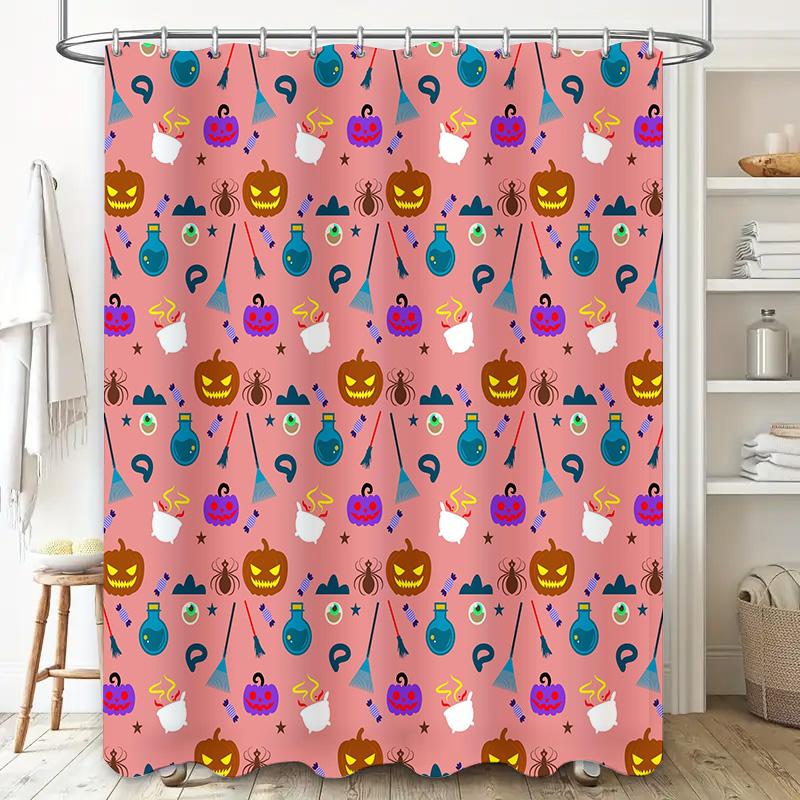 Halloween-Themed Shower Curtain Featuring Pumpkins, Brooms, Spiders, And Witches Hats In Pink Background With Colorful Patterns