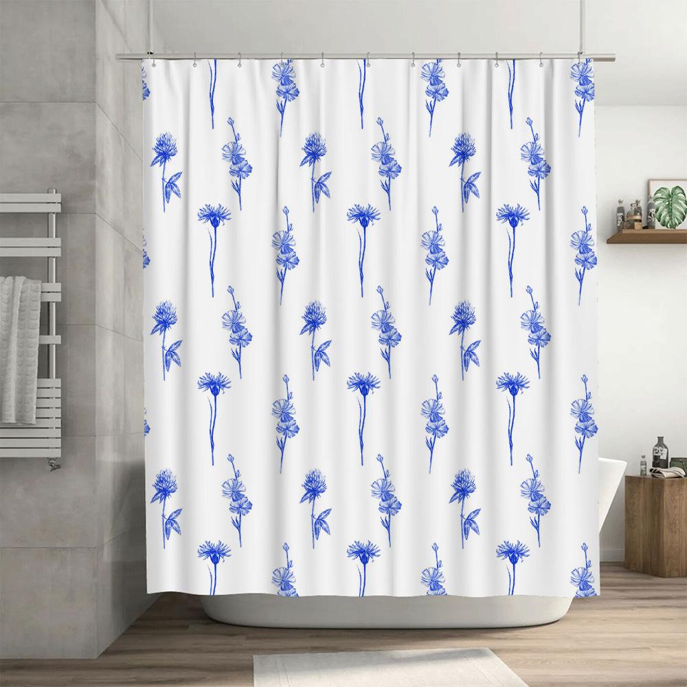 Vintage Blue Flower Printed Shower Curtain Waterproof Bathroom Decor Waterproof Backsplash Polyester Customizable Size Selection