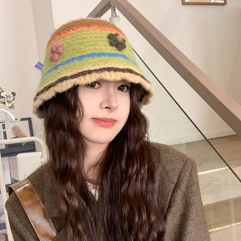 Knitted Basin Hat Autumn Winter Wool Hat Women's Colorful Flower Fisherman Hat