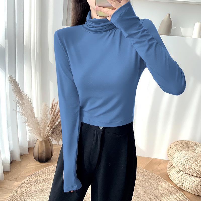 Kadın Dar Kesim Yüksek Yakalı Crop Top Uzun Kollu Gömlek