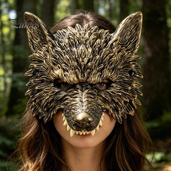 Wolf Cosplay Mask 3D Head Mask, High Elastic Lightweight Comfortable Werewolf Golden Costume with Adjustable Strap for Halloween Party Photo Props