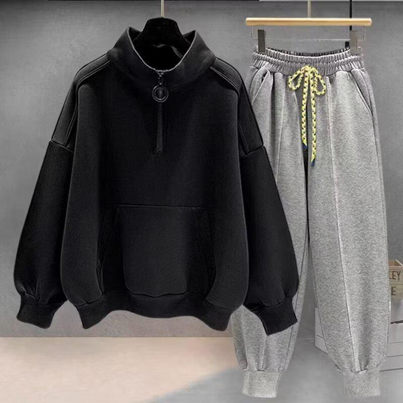 Men's Casual Half-Zip Hoodie & Sweatpants Set - Autumn/Winter Fashion with Plus Velvet