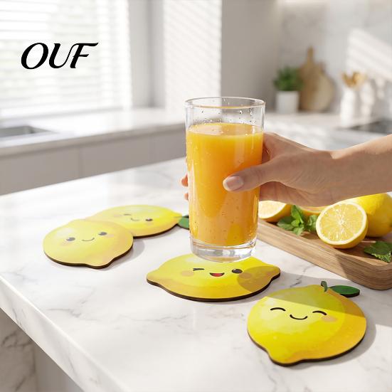 Decorative Kitchen Table Accessories 4PCS Cute Lemon Shape Wooden Coasters, Non-slip Heat Insulation Pads, Resistant Drink Mats Tableware for
