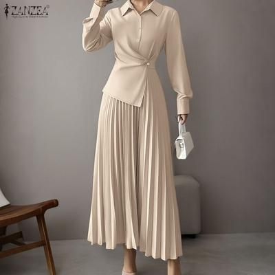 Women Casual Turn Down Collar Long Sleeve Elegant Pleated Dress