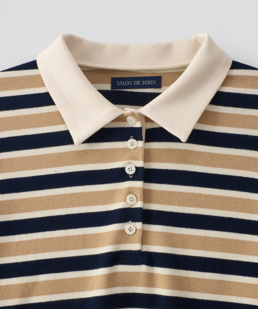 SALON DE YOHN Striped Button Rugby Collar Shirt_ Beige