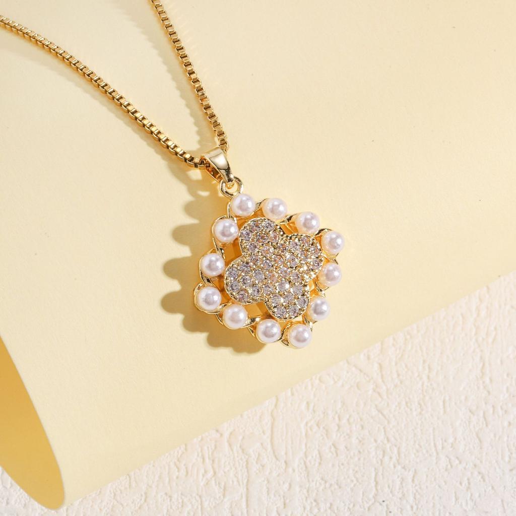 Zircon Four-Leaf Flower Pearl Necklace Women'S Light Luxury Versatile Temperament Set Jewelry