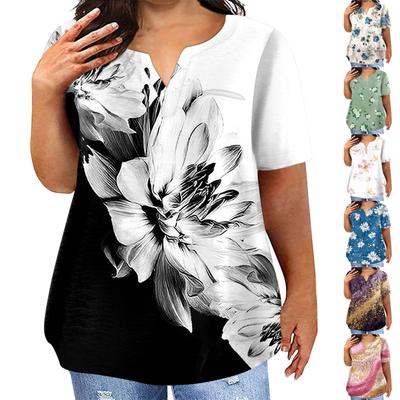Moda Büyük Beden Kadın Günlük Kısa Kollu Yuvarlak Yaka Çiçek Baskılı Cepli Tişört