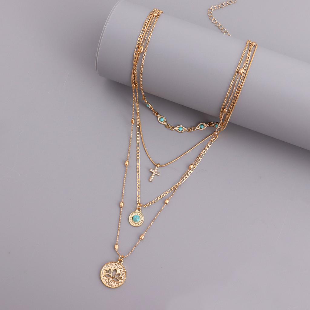 Fashion ins Multilayer Small Hole Chain Hollow Flower Diamond Cross Pendant Necklace Women