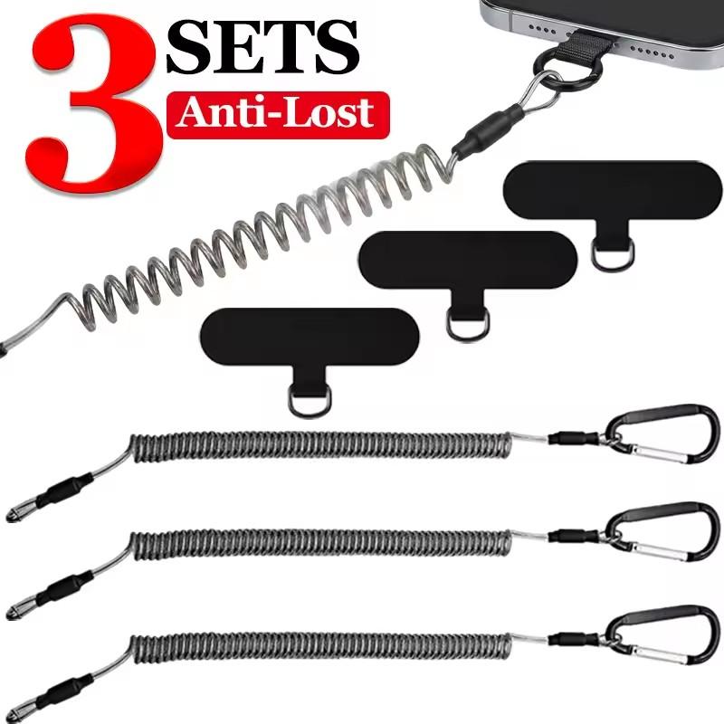 Anti-Lost Flexible Phone Ropes with Patch Spring Cord Safety Anti-Theft Retractable Line Wrist Band with Keychain Ring Carabiner