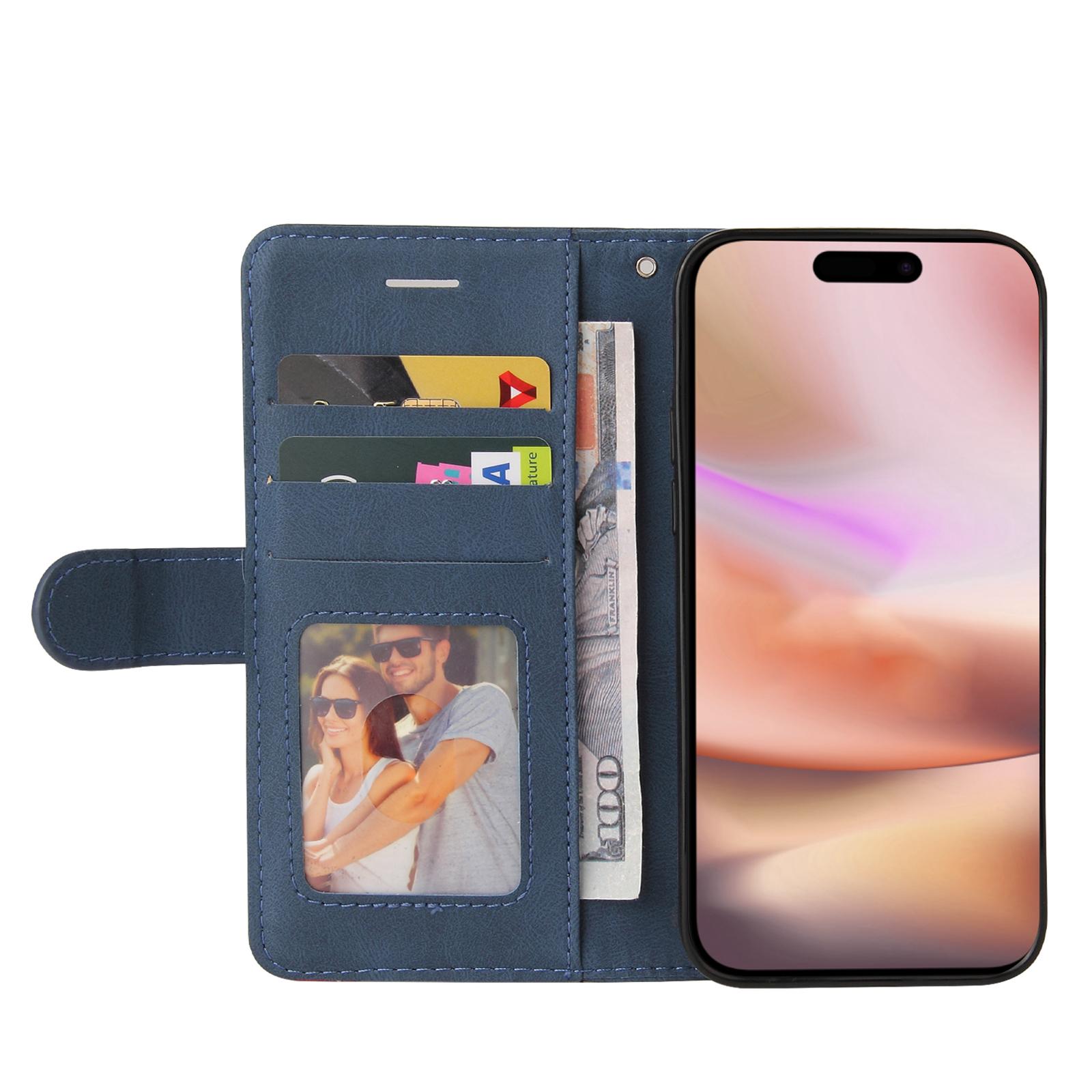 

For iPhone 16 Plus Leather Case Wallet Stand Color Splicing Phone Cover Red