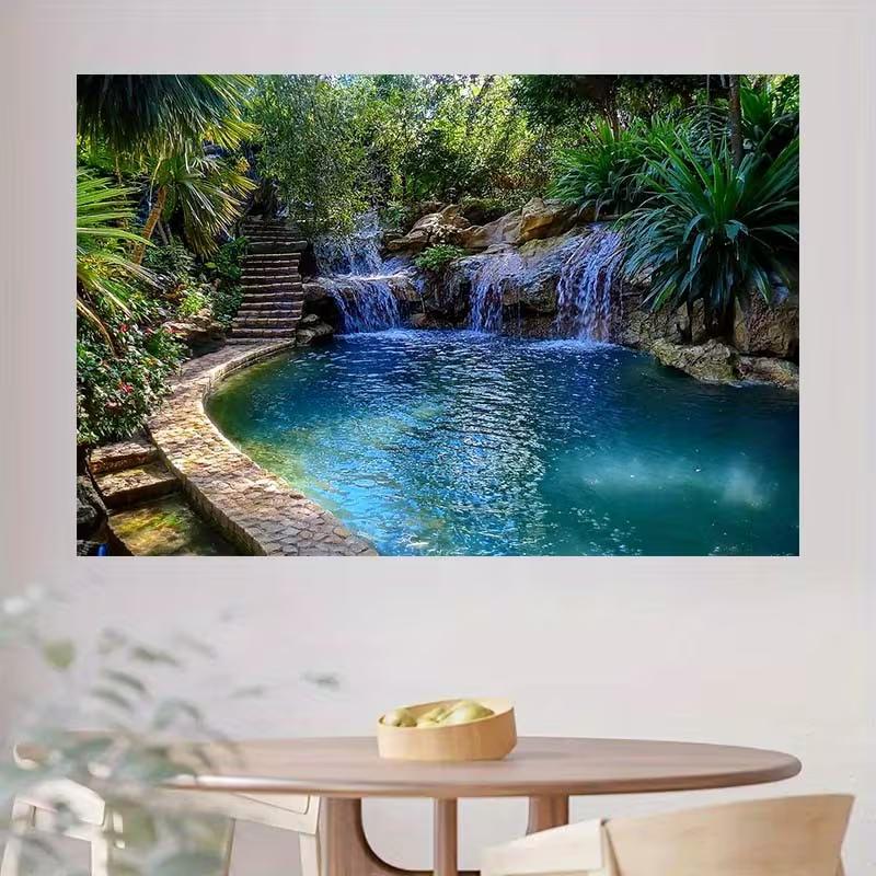 2D Grüne Tropische Wasserfall-Kulisse, 2D Poolgarten-Landschaftsdekoration