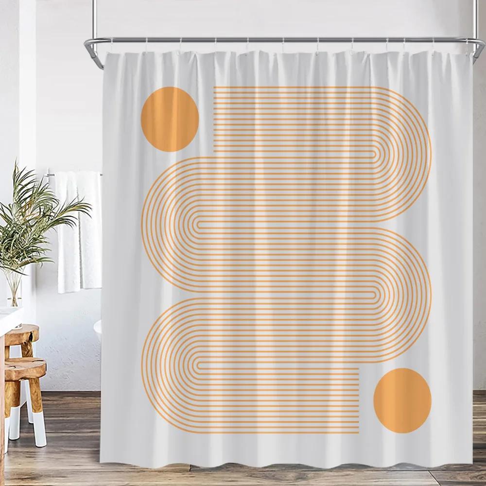 Mid Century Abstract Shower Curtain Leaf Curve Simple Line Nordic Modern Bathroom Decor Polyester Fabric Bath Curtain With Hoo
