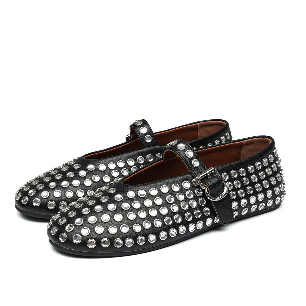 Stylish Studded Crystal Women's Mary Jane Fashion Flat Shoes Casual Soft Leather Comfortable Women  Shoes