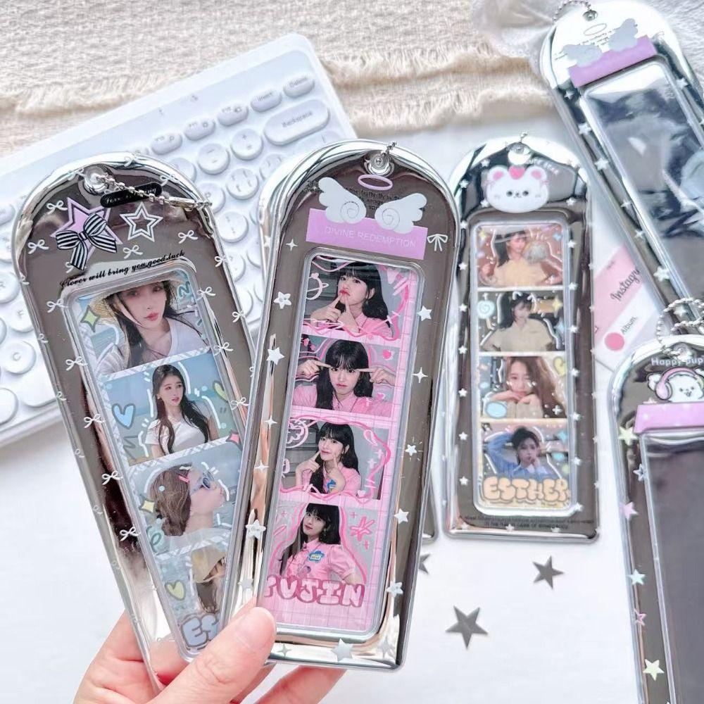 Y2K PVC Photo Card Holder Silver with Keychain Four-grid Life Photo Protector Card Sleeve Kpop Idol Strip Photo