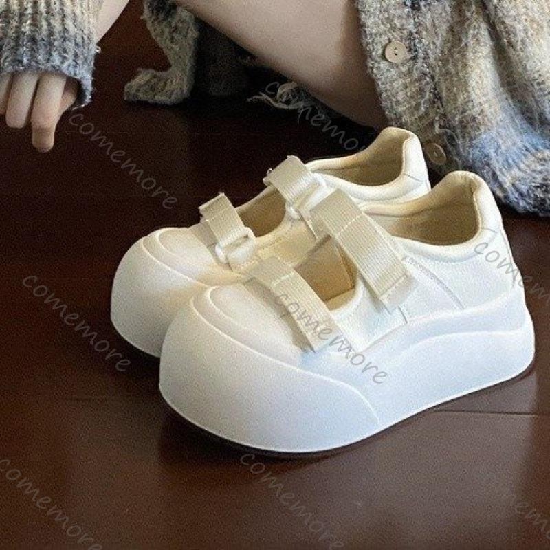 Fashion Comemore White Shoes for Women Thick Bottom Round Head Mary Janes Shoes Casual Height Increase Shallow Mouth Sneakers Female