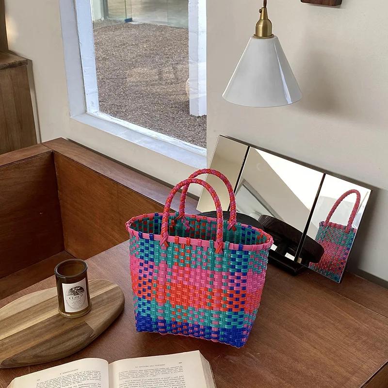 Vegetable Basket Summer Fashion PVC Handbag Hand Woven Bag Patchwork Striped Tote Beach Bags Purses and Handbags
