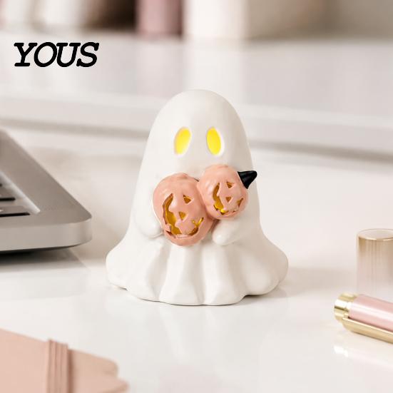 Non Scary Halloween Decoration Ghost Decoration, Light Up Cute Spooky Figurine with Small Desktop Ornament Pumpkin/Lantern for Table Tiered