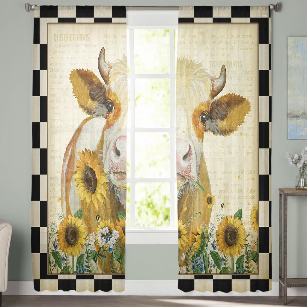 American Country Style Sunflower Cow Sheer Curtains for Living Room Modern Voile Curtain Bedroom Tulle Curtains Window Drapes
