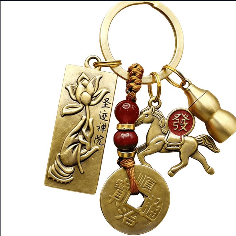 Chinese Style Lotus Buddha Hand Twelve Zodiac Brass Gourd Car Keychain Metal Pendant Couple Car Key Chain New Year Gift