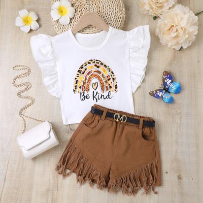 Girls' Fashion Set 2025 Summer Children's Casual Solid Color Ruffled Round-neck Printed Short Belt Three-piece Set