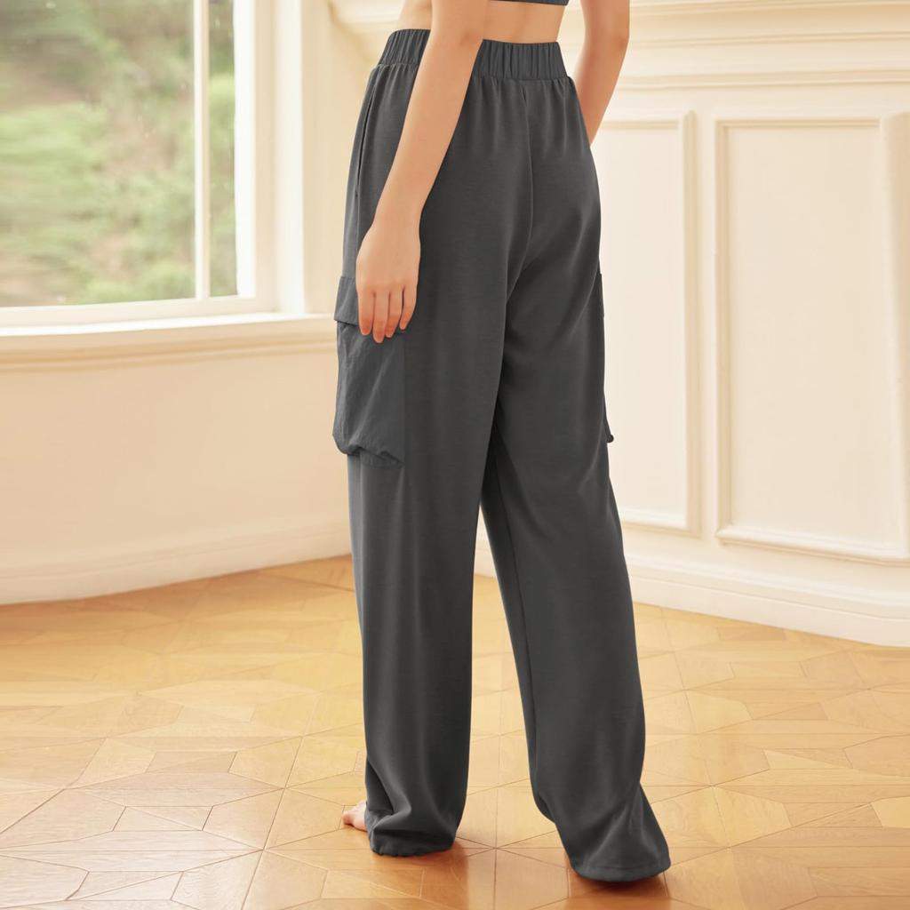 Women  Elastic High Waist Pant Casual Active  Fit Wide Leg Long Pants Trousers With Pockets